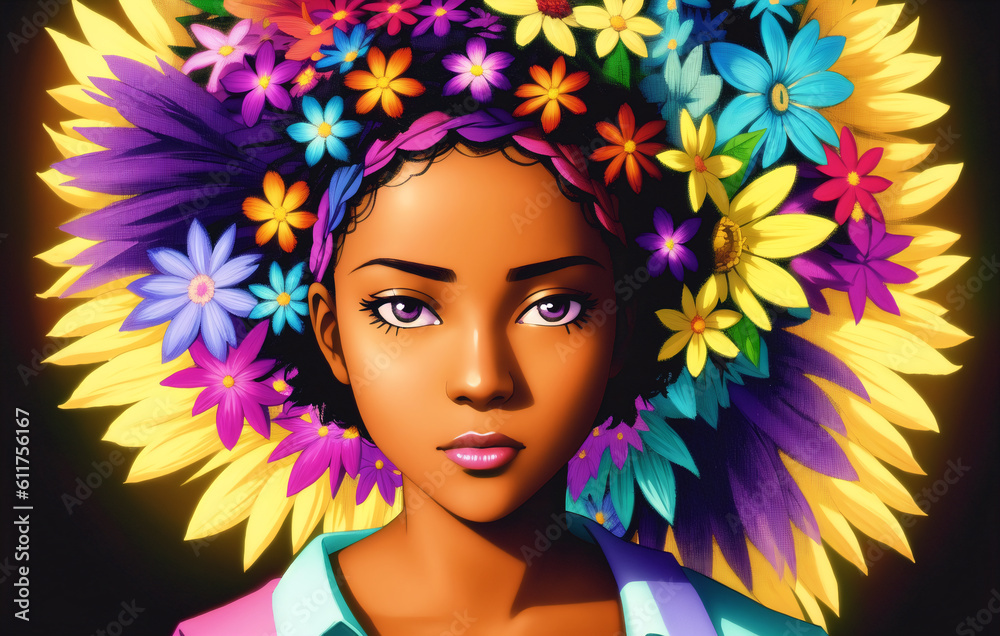 Portrait beautiful African-American girl with flowers on her head. Woman with flower arrangement on head. Generative AI. Portrait beautiful African-American girl with flowers on her head. Woman with flower arrangement on head. Generative AI.