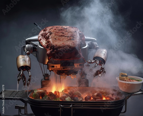 The robot roasts meat on coals. Cooking meat on the grill.