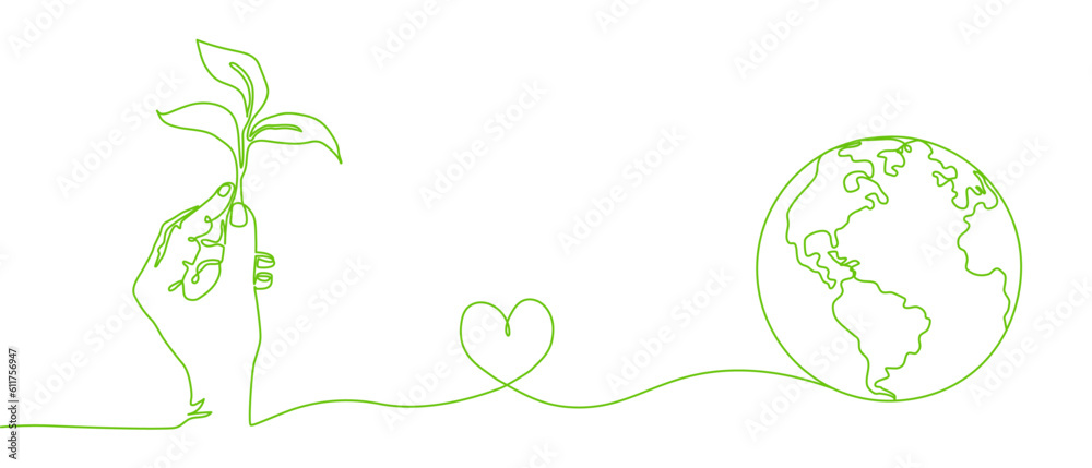 Happy earth day banner by green continuous single line drawing hands embracing the leaves and planet isolated on white background in concept of environment, ecology, eco friendly symbol. Vector