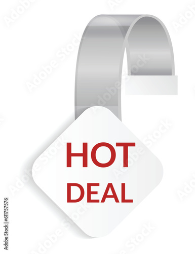 Promotional wobbler mockup. Benefit tag hang on wall. Supermarket promotion pointing wobbler. Vector announcement promotion sale