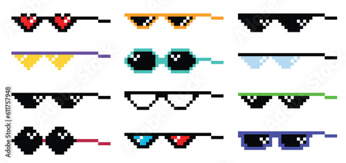 Pixel glasses meme set. Like a boss meme. Pixelation, accessories optical fashion. 8 bit funky logo icon. Vector cartoon eyeglass frame for sunglasses