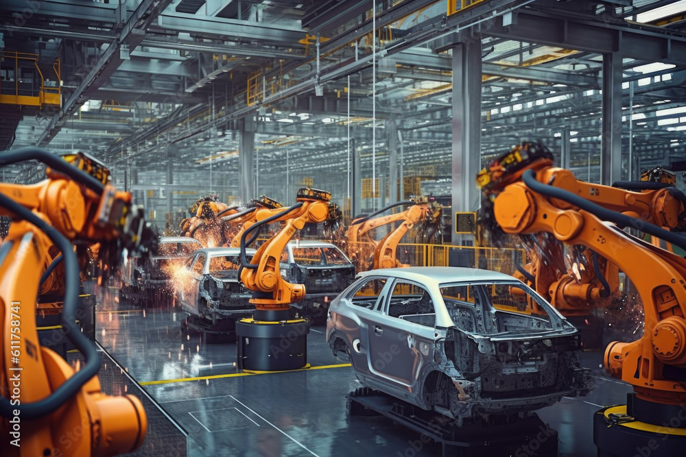 Car factory with robotic arms at assembly line. Automated vehicle conveyor welding car frames. Created with Generative AI Car factory with robotic arms at assembly line. Automated vehicle conveyor welding car frames. Created with Generative AI