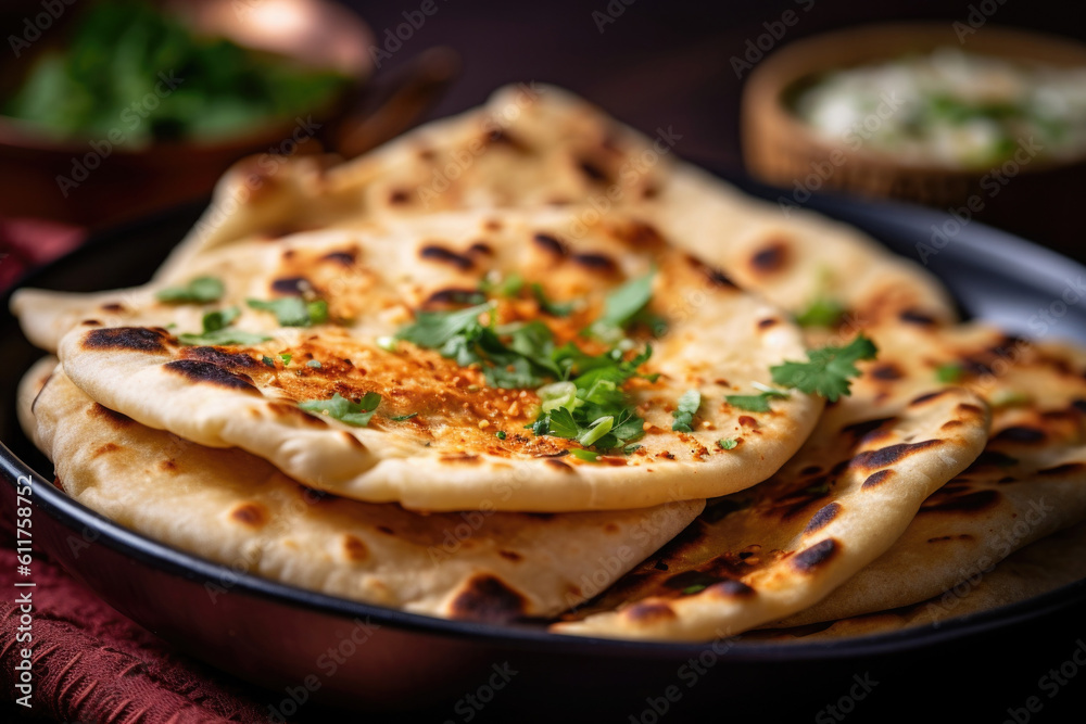 Indian naan bread in plate. Flatbread with parsley and spices. Indian cuisine. Created with Generative AI Indian naan bread in plate. Flatbread with parsley and spices. Indian cuisine. Created with Generative AI