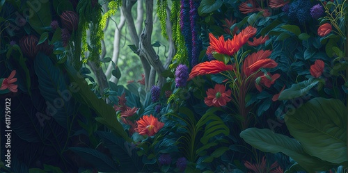 Colorful flowers in the forest with green leaves.