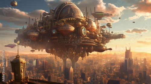  a steampunk metropolis where airships soar amidst towering skyscrapers and gears turn with clockwork precision