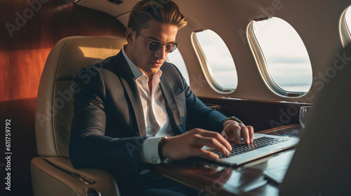 Adult businessman sitting in a private jet, working on a laptop computer. Luxury private jet with a adult man, working on a laptop. Transport theme, connectivity, internet, success