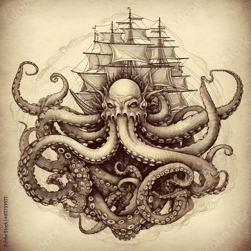kraken sailor jerry style tattoo pirateship linework photo