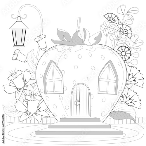 Cartoon fairytale strawberry  house, lantern, fence, flowers, leaves, branches. Coloring book page for adults. Vector illusrtation