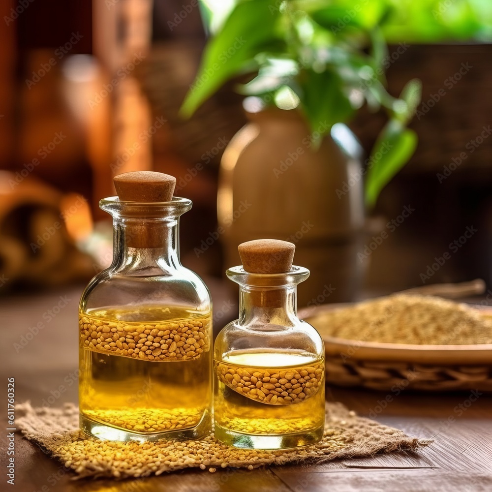 Sesame vegetable oil with grains and fields background, vegetarian dressing for salads and cooking. Healthly food. Generative AI Sesame vegetable oil with grains and fields background, vegetarian dressing for salads and cooking. Healthly food. Generative AI