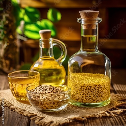 Sesame vegetable oil with grains and fields background, vegetarian dressing for salads and cooking. Healthly food. Generative AI