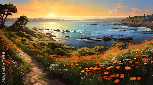 Tela illustration of beautiful orange cosmos flower field on road side to the beach,