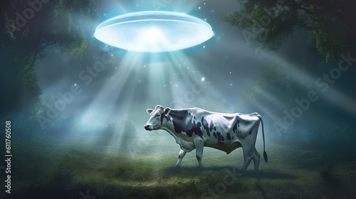 Abduction of a cow by aliens. AI generative