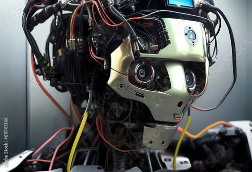 a robot artificial intelligence, cyborg, android, AI, Neural networks, Digital Twin, human-machine interfaces, wires face, computer head, Ai-Mitsu, cybernetics, cyberpunk art, future human, humanity