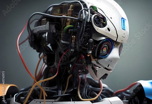 a robot artificial intelligence, cyborg, android, AI, Neural networks, Digital Twin, human-machine interfaces, wires face , computer head, Ai-Mitsu, cybernetics, cyberpunk art, future human, humanity