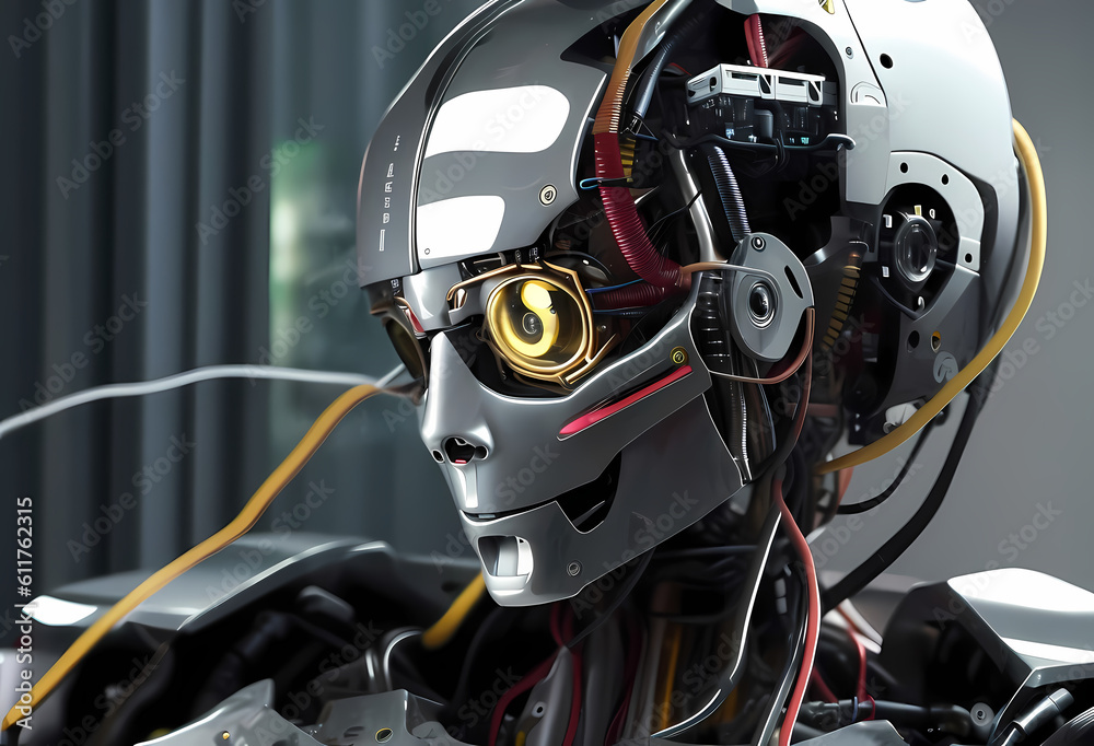 Fototapeta premium a robot artificial intelligence, cyborg, android, AI, Neural networks, Digital Twin, human-machine interfaces, wires face , computer head, Ai-Mitsu, cybernetics, cyberpunk art, future human, humanity