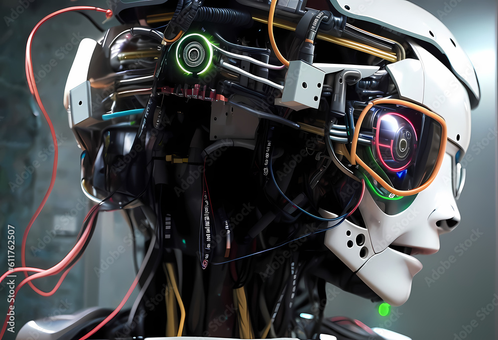 Fototapeta premium a robot artificial intelligence, cyborg, android, AI, Neural networks, Digital Twin, human-machine interfaces, wires face , computer head, Ai-Mitsu, cybernetics, cyberpunk art, future human, humanity