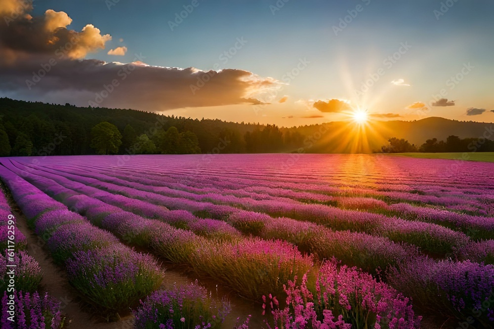 lavender field at sunset generated Ai