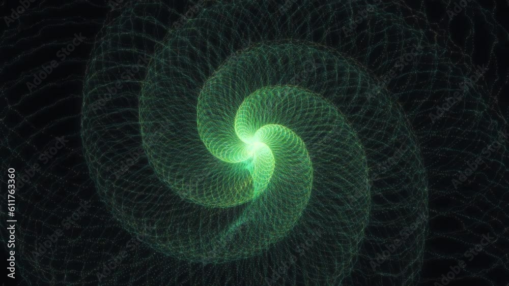 Glowing green four armed Fibonacci spiral formation particles