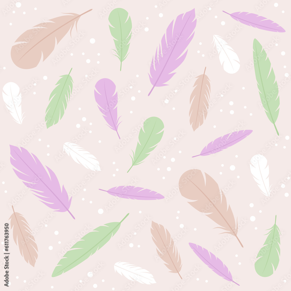 Seamless pattern with multi-colored feathers on a beige background. Flat vector illustration Seamless pattern with multi-colored feathers on a beige background. Flat vector illustration