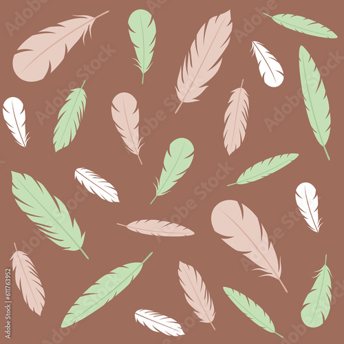 Seamless pattern with green, beige and white feathers on a brown background. Flat vector illustration