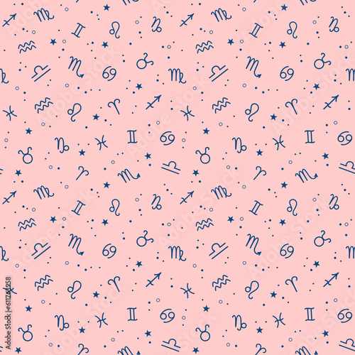 Seamless pattern of blue zodiac signs and stars on a pastel pink background. Vector illustration