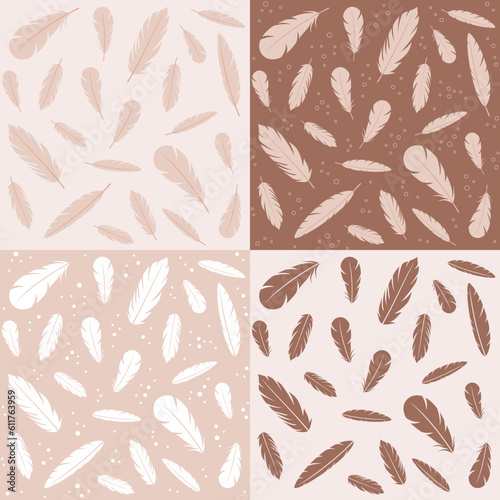 Set of seamless patterns with feathers in beige and brown colors. Vector illustration in flat style