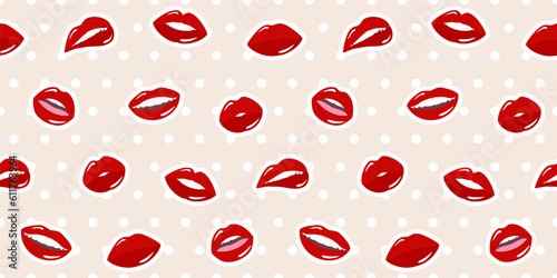 Seamless pattern with red female lips on a beige polka dot background. Pattern of female mouth gestures. Vector illustration in flat style