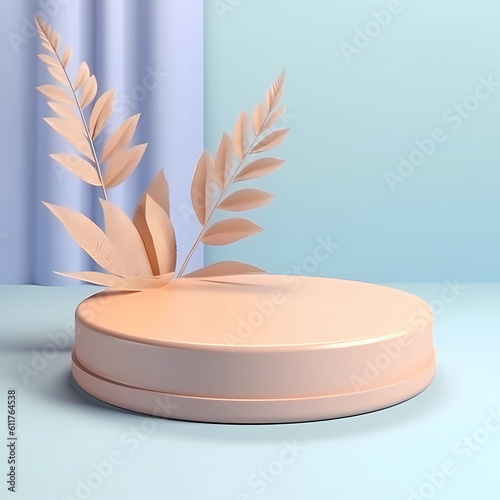Photo round podium for product presentation, abstract blank pedestal, platform for product display, in ambience pastel color Lavender, mint, dan soft pink, leaf floral falling, octane rendered, lender