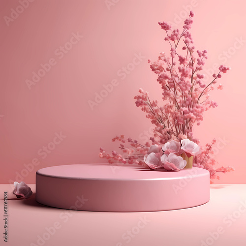 Photo round podium for product presentation  abstract blank pedestal  platform for product display  in ambience pastel color Lavender  mint  dan soft pink  leaf floral falling  octane rendered  lender