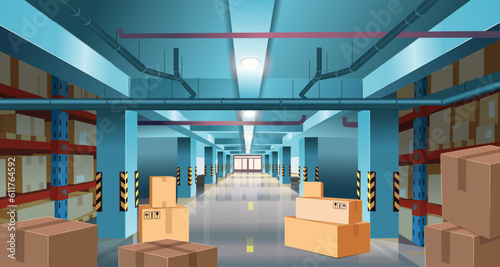 Perspective view of big warehouse with cardboard boxes on racks. Interior of storage room in store, factory, market, hardware store. Vector cartoon illustration.
