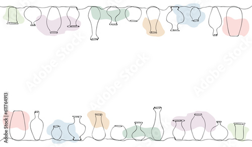 vases card. Antique and modern tableware, ceramic bottle, museum exhibit, Greek art. line art. vector drawing. on a white background. color fill..postcard. a frame of vases in the style of line art.