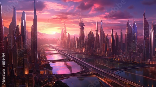  futuristic cityscape at dusk, showcasing sleek skyscrapers and advanced technology integrated into the urban landscape © emzee