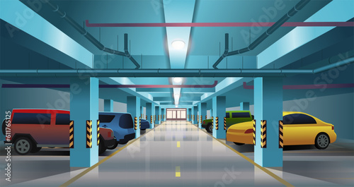 Underground parking with cars. Basement garage interior with markings and columns. Vector illustration.