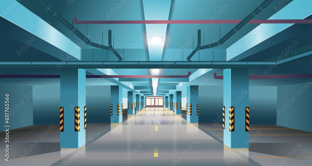underground parking without cars. Basement garage interior with markings and columns. Vector illustration.