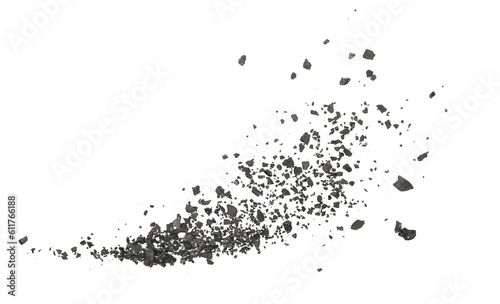 Black coal dust with effect fragments explosion isolated on white background and texture, clipping path
