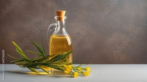 linseed vegetable oil with flax seeds and flowers, vegetarian dressing for salads and cooking and frying. Healthly food. Generative AI
