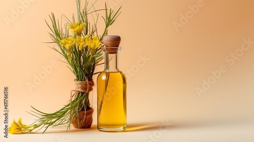 linseed vegetable oil with flax seeds and flowers, vegetarian dressing for salads and cooking and frying. Healthly food. Generative AI 