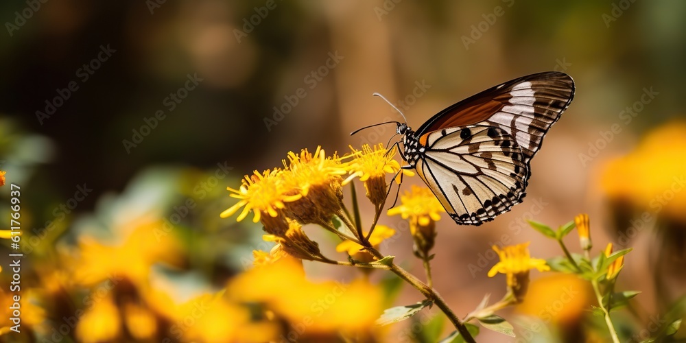 Obraz premium AI Generated. AI Generative. Green flower feld with butterfly inseect. Chill relax calm vibe. Graphic Art