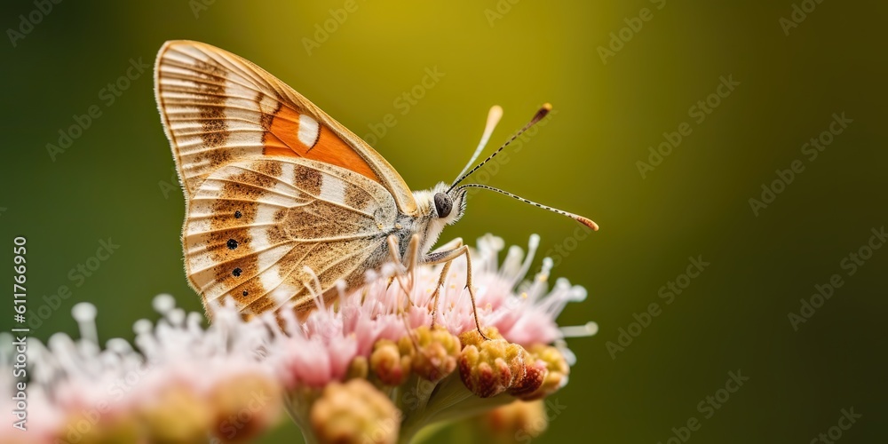 Obraz premium AI Generated. AI Generative. Green flower feld with butterfly inseect. Chill relax calm vibe. Graphic Art
