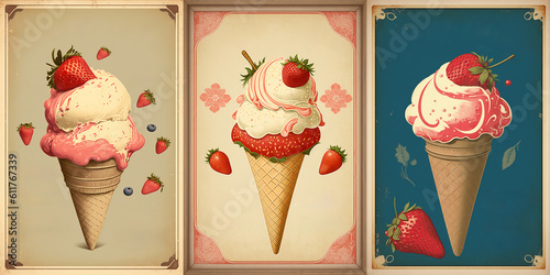 Vintage delicious strawberry ice cream in waffle cup. Retro posters set of sweet berry dessert as concept for National Ice Cream Day. Generative AI