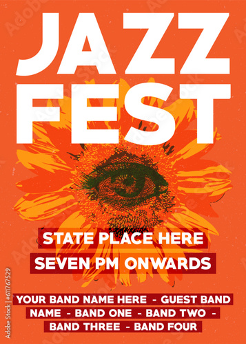jazz music festival or fest, jazz night gigs poster, brochure or flyer or pamphlet, orange sun flower and eye theme with place and guest band list