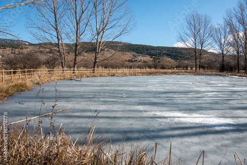 Frozen pond in Alcala de la Selva Teruel Aragon Spain