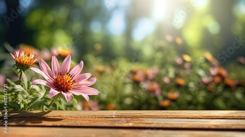 illustration close up flower grew on wooden board table with blur garden background  Generative Ai