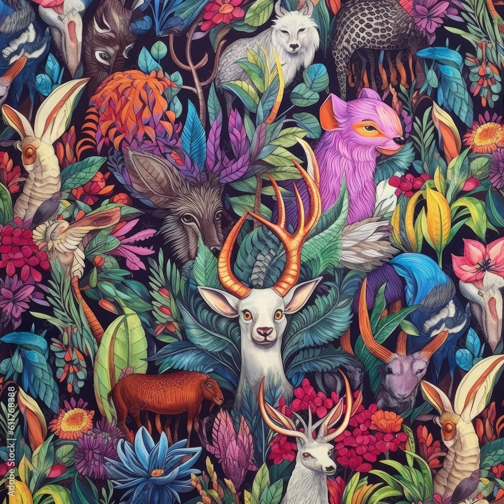 a unique and eye-catching pattern featuring various animals in vibrant colors and intricate details a unique and eye-catching pattern featuring various animals in vibrant colors and intricate details