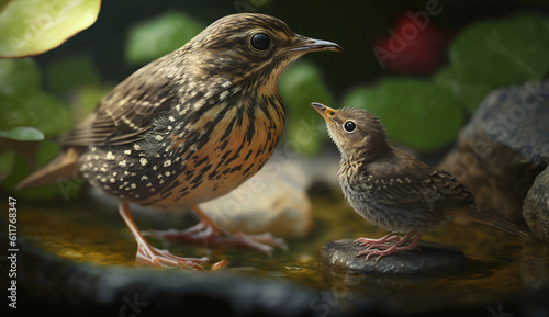 Amami thrush and baby bird Zoothera body animal photo AI Generated