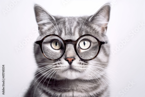 Closeup of gray stipped cat in eyeglasses, on light gray background. AI generative.
