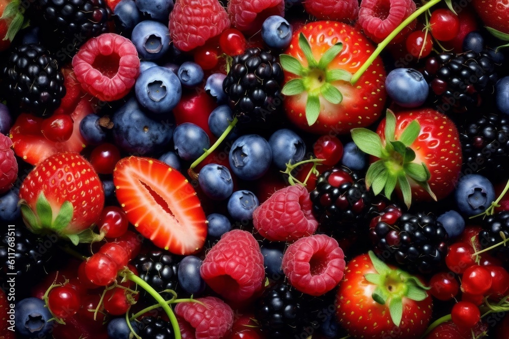 Appetizing tasty berry background. The concept of proper nutrition and vitamins in the crop. AI generated Appetizing tasty berry background. The concept of proper nutrition and vitamins in the crop. AI generated