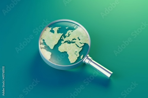 Magnifier with world map element. Global search concept. AI generated, human enhanced