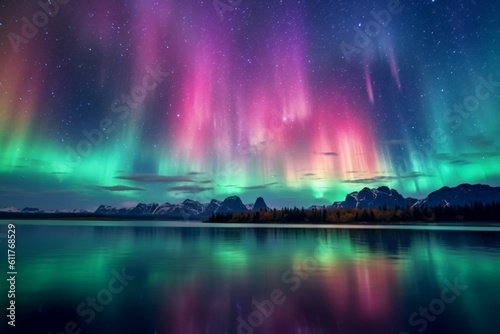 Northern Lights on the night sky. Aurora Borealis. AI generated  human enhanced