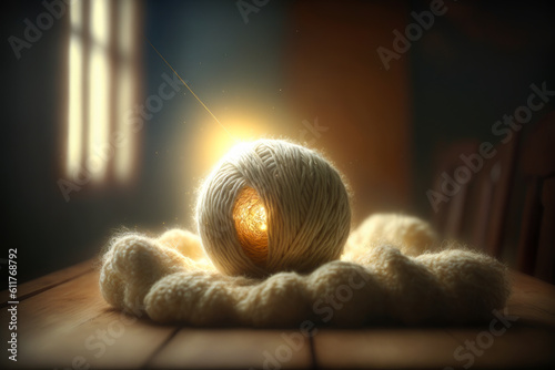 Enchanting image of sparks from a yarn ball on a wooden desk, bathed in warm antique light through the window; ideal for stirring emotions and creative projects. Generative AI